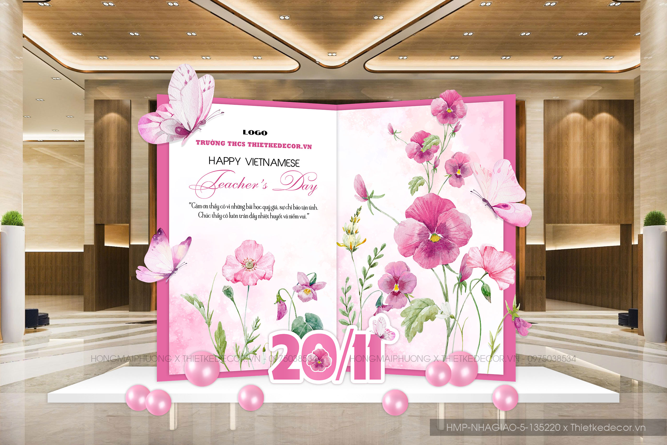 Backdrop Nhà Giáo Việt Nam tone hồng họa tiết hoa lá.